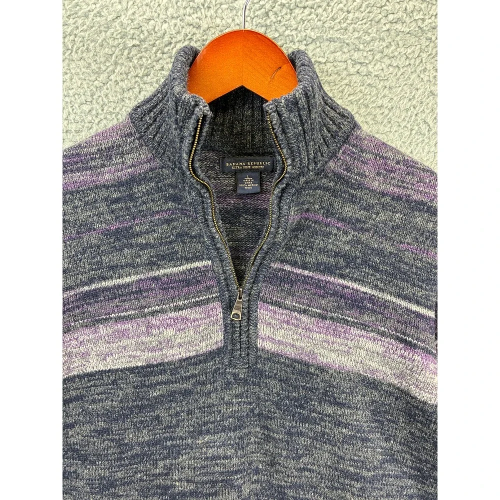 Banana Republic Half Zip Striped Sweater Mens L Gray Merino Wool Knit Pullover